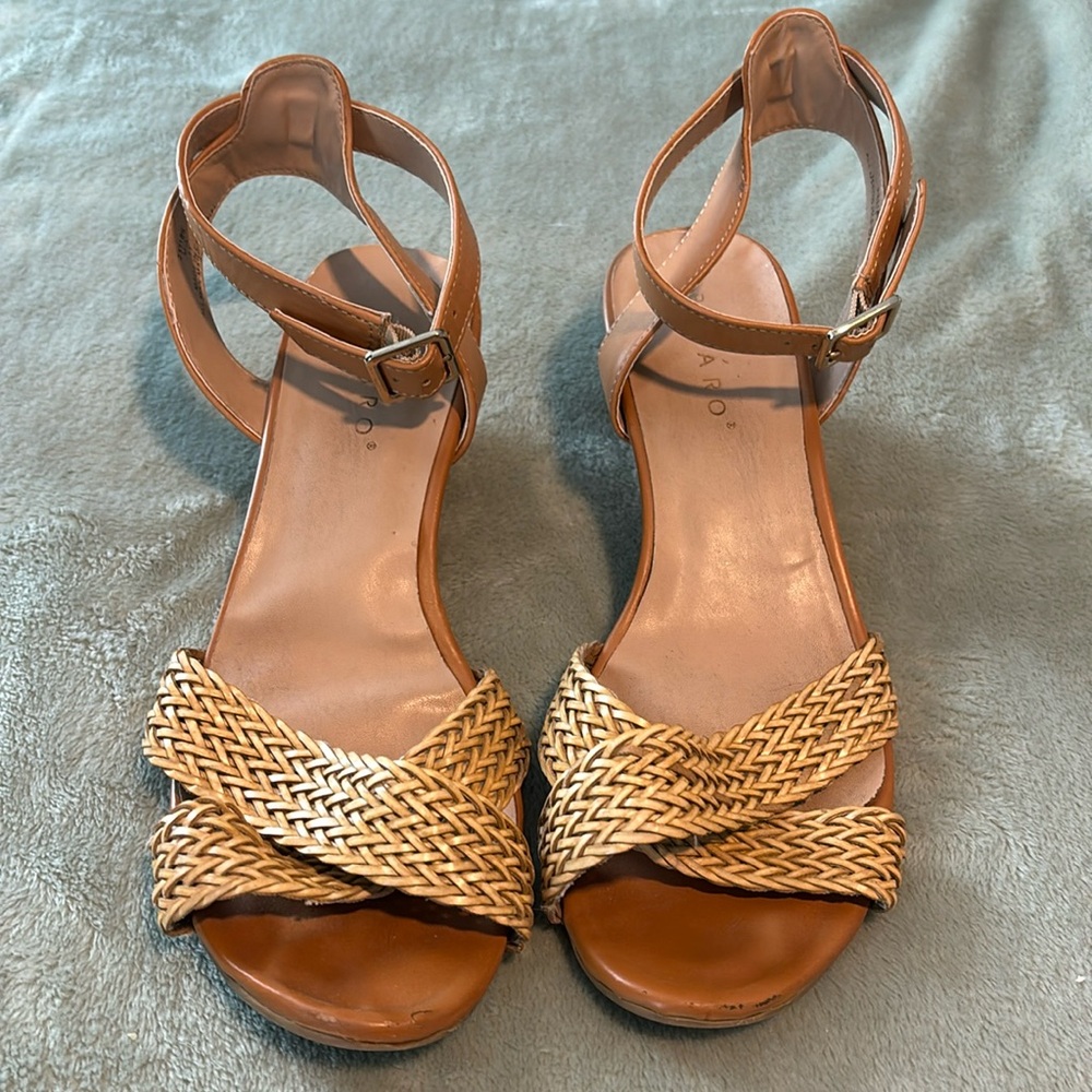 Women’s size 11 sandals with 2 inch wedge and wrap around ankle strap